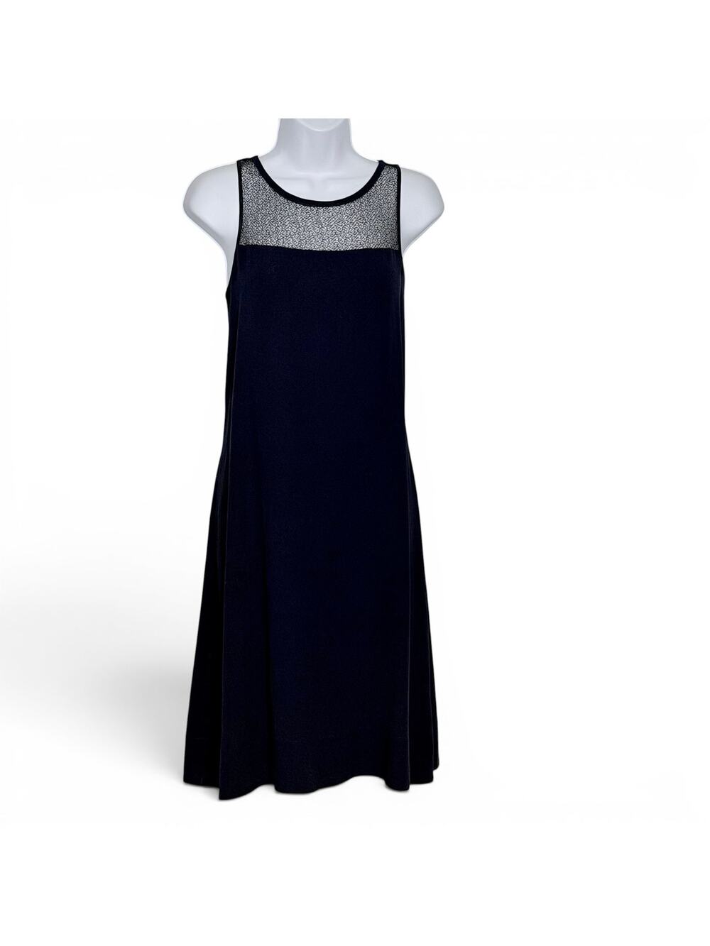 Eileen Fisher Silk Shift Dress Size S Navy Sleeveless Mesh Yoke Quiet Luxury